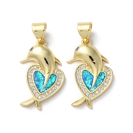 Brass Micro Pave Clear Cubic Zirconia Pendants, with Synthetic Opal, Real 18K Gold Plated, Dolphin & Heart
