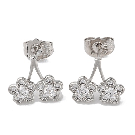 Brass Rhinestone Dangle Stud Earrings with Glass, Flower