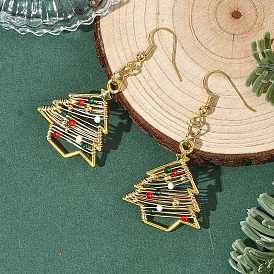 Boucles d'oreilles pendantes en laiton et verre pour femmes, arbre de Noël