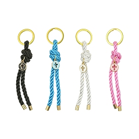 Nylon Knot & Alloy Enamel Keychain, with Iron Rings, Flat Round with Cross