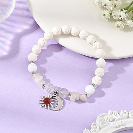 Natural White Moonstone Chip & Round Synthetic Lava Rock & Natural Quartz Crystal Beaded Stretch Bracelets, 201 Stainless Steel Sun and Moon Charm Bracelets for Women