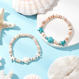 2Pcs Sea Turtles & Starfish Dyed Synthetic Turquoise Beads Stretch Bracelets, Natural Freshwater Shell Beads Stretch Bracelets