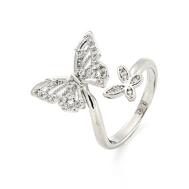 Brass Micro Pave Cubic Zirconia Cuff Rings, Butterfly Open Rings for Women, Long-Lasting Plated