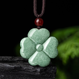 Natural Jadeite Carved Clover Pendant Necklaces, Adjustable Nylon Cord Slider Necklaces