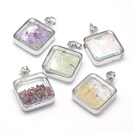 Mixed Stone Floating Locket Pendants with Glass and Platinum Tone Brass Findings, Perfume Bottle, Cadmium Free & Lead Free, 41x29x12mm, Hole: 8x4.5mm