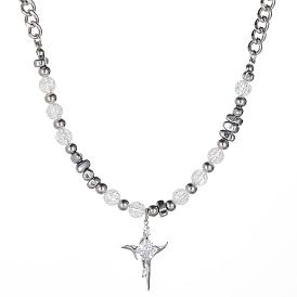 High-end personalized titanium steel necklace irregular metal stone ice cracked cross necklace collarbone chain