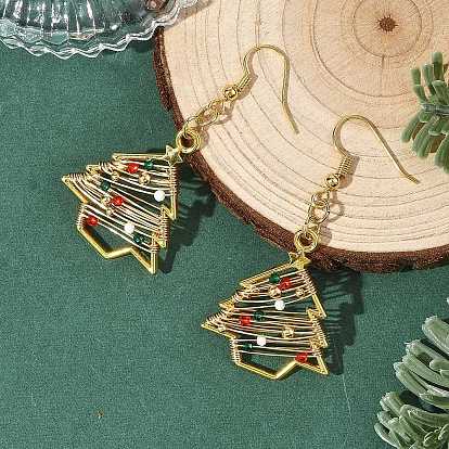 Boucles d'oreilles pendantes en laiton et verre pour femmes, arbre de Noël