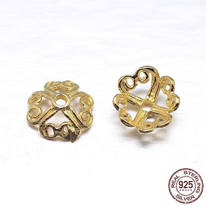 Real 18K Gold Plated 4-Petal 925 Sterling Silver Bead Caps, Flower, 7.5x3mm, Hole: 1mm, about 90pcs/20g