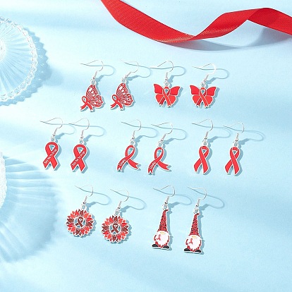 7шт. 7 стили осведомленность лента тема сплав эмаль подвесные серьги, с 304 нержавеющей стали серьги крючки, серебряные