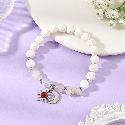Natural White Moonstone Chip & Round Synthetic Lava Rock & Natural Quartz Crystal Beaded Stretch Bracelets, 201 Stainless Steel Sun and Moon Charm Bracelets for Women