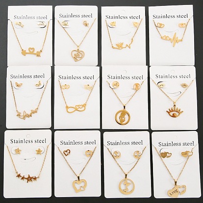 Stainless Steel Pendant Necklaces & Stud Earrings Sets, Golden