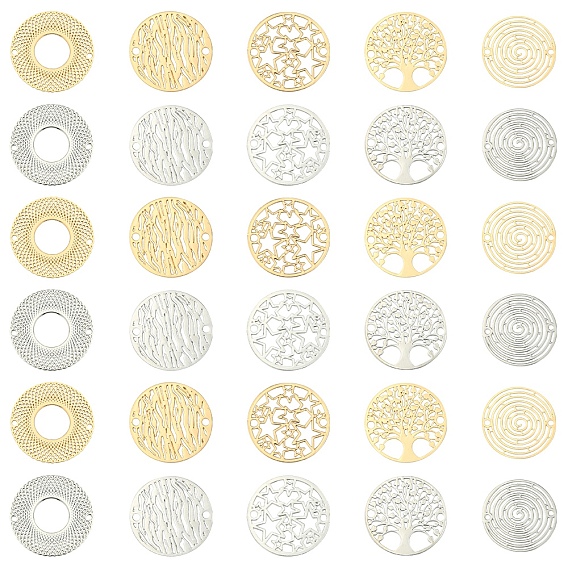 20Pcs 10 Styles Rack Plating Brass Hollow Out Connector Charms, Long-Lasting Plated, Flat Round Etched Metal Embellishments