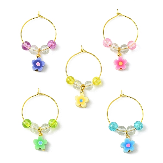 Ручной полимерной глины цветок бокал прелести, со стеклянными бусинами и латунными кольцами-подвесками для бокалов для вина