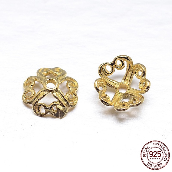 Real 18K Gold Plated 4-Petal 925 Sterling Silver Bead Caps, Flower, 7.5x3mm, Hole: 1mm, about 90pcs/20g