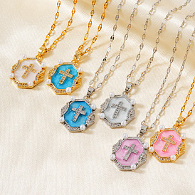 Блестящие ретро-латунные подвески с микропаве из прозрачных кубических цирконий в форме овала с крестом и эмалью