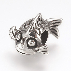 316 Surgical Stainless Steel European Beads, Large Hole Beads, Fish