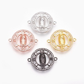 Brass Micro Pave Cubic Zirconia Links, Lead Free & Cadmium Free & Nickel Free, Long-Lasting Plated, Flat Round with Virgin Mary, Clear