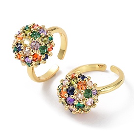 Colorful Cubic Zirconia Flat Round Open Cuff Rings, Rack Plating Brass Rings for Women, Cadmium Free & Lead Free