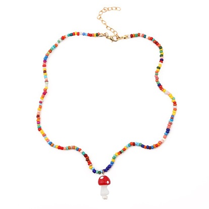 Resin Mushroom Pendant Necklace with Beaded Chains for Women