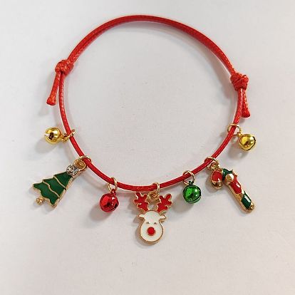 Рождественские браслеты с подвесками из эмали из сплава, регулируемые вощеные браслеты из плетеного полиэстера