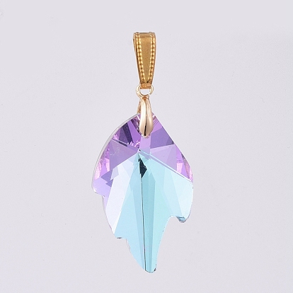 K9 Glass Rhinestone Pendants, with Golden Plated Brass Pendant Bails, Faceted, Leaf
