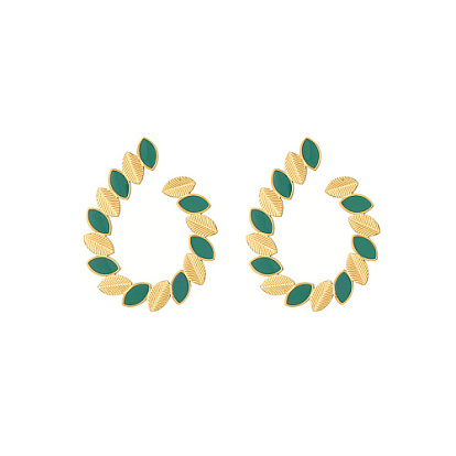 Golden 304 Stainless Steel Stud Earrings with Enamel, Teardrop with Leaf