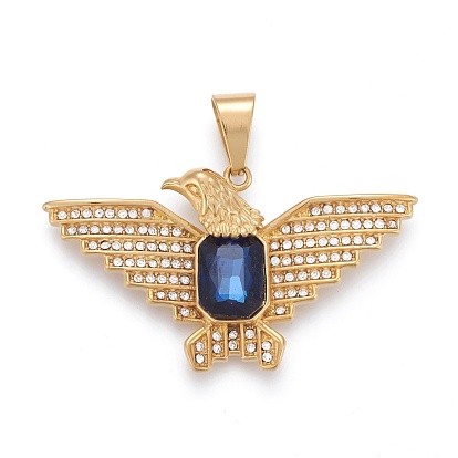 304 Stainless Steel Big Pendants, with Crystal Rhinestone and Resin, Eagle