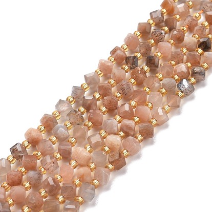 Natural Multi-Moonstone Beads Strands, with Seed Beads, Faceted, Diagonal Cube Beads