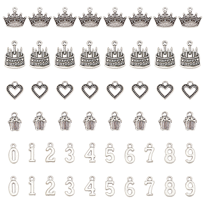 100Pcs 5 Style Tibetan Style Alloy Pendants, Cake with Happy Birthday & Number, Cadmium Free & Lead Free