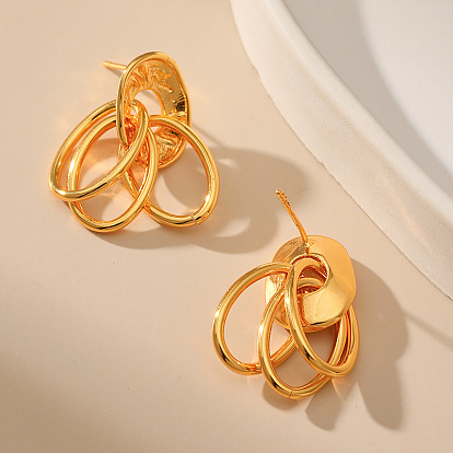 18K Gold Plated Brass Double Hoop Pendant Circle Stud Earrings - Fashionable, Metal, Office Lady.