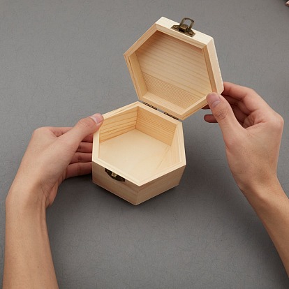 Unfinished Pine Wood Jewelry Box, DIY Storage Chest Treasure Case, with with Locking Clasps, Hexagon