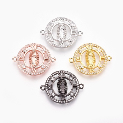Brass Micro Pave Cubic Zirconia Links, Lead Free & Cadmium Free & Nickel Free, Long-Lasting Plated, Flat Round with Virgin Mary, Clear