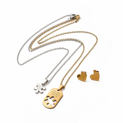 Matching Puzzle Couple Pendant Necklaces & Heart Stud Earrings, Vacuum Plating 304 Stainless Steel Word Love Forever Jewelry Set for Valentine's Day