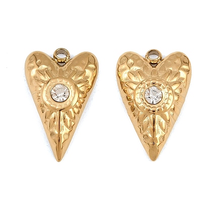 304 Stainless Steel with Crystal Rhinestone Pendants, Heart Charms, Ion Plating(IP)