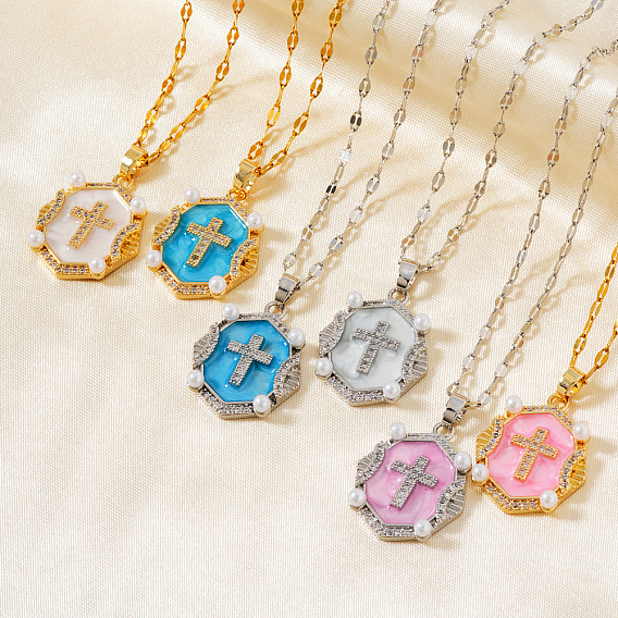 Блестящие ретро-латунные подвески с микропаве из прозрачных кубических цирконий в форме овала с крестом и эмалью