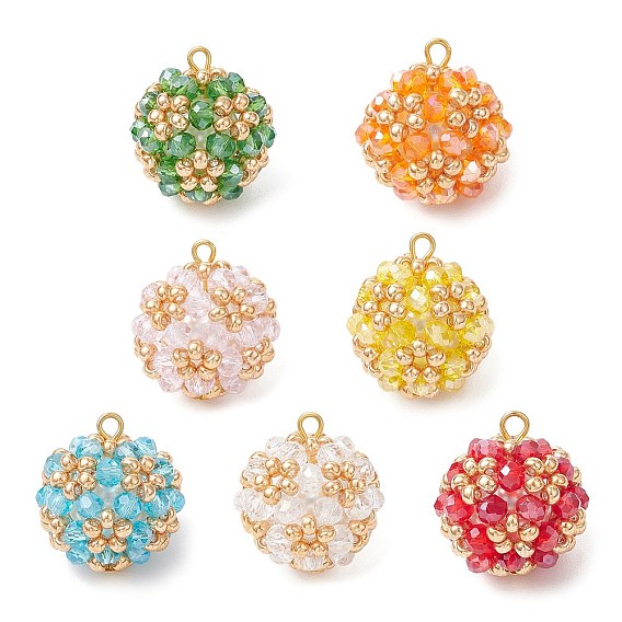 7Pcs Electroplate Glass & Round Rocailles & Glass Pearl Beaded Pendants, Round