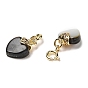 Natural Black Lip Shell Heart Pendant Decorations, with Brass Spring Ring Clasps