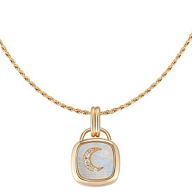 18K Gold Moon Shell Zircon Pendant Necklace for Women, Geometric Collarbone Chain