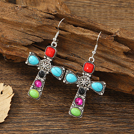 Retro cross color stone earrings earrings earrings earrings jewelry female personality trend national style high