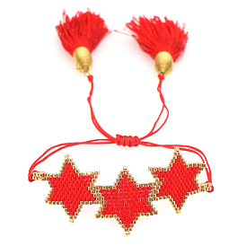 Friendship Star Loom Pattern Seed Beads Bracelets for Women, Adjustable Tassel Nylon Cord Braided Bead Bracelets