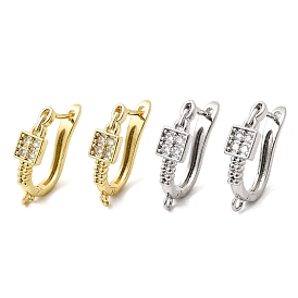 Квадратные латунные серьги-кольца с микропаве из прозрачных кубических цирконий, фурнитура для которых, с горизонтальными петлями, запереть