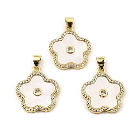 Rack Plating Real 18K Gold Plated Brass Pendants, with Cubic Zirconia and Shell, Long-Lasting Plated, Lead Free & Cadmium Free, Flower