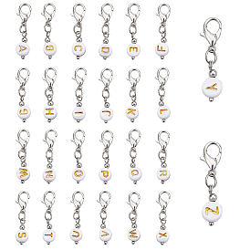 2 комплекты позолота акриловые подвески украшения, с застежками-лобстерами из цинкового сплава и железными накладками, плоско-круглые с алфавитами 