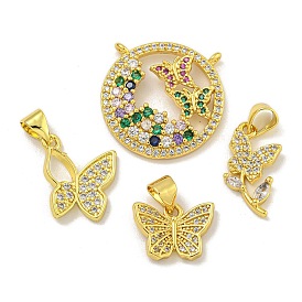 Rack Plating Brass Micro Pave Cubic Zirconia Pendants, Long-Lasting Plated, Butterfly