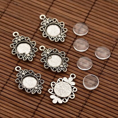 Tibetan Style Filigree Alloy Flower Pendant Cabochon Settings and Transparent Flat Round Glass Cabochons, Tray: 12mm, 30x21x3mm, Hole: 2mm, Glass Cabochons: 12x4mm
