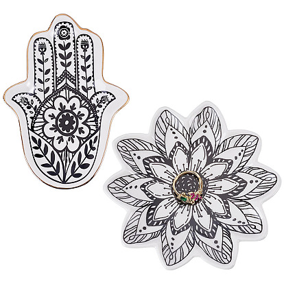 2Pcs 2 Styles Floral Hamsa Hand Flower Porcelain Trinket Dishes, Jewelry Plates, Storage Trays for Rings, Necklaces, Earrings