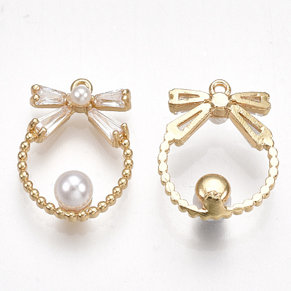 Brass Cubic Zirconia Pendants, with ABS Plastic Imitation Pearl, Bowknot, Real 18K Gold Plated