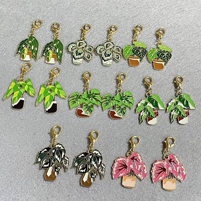 16 piezas 8 estilos decoraciones colgantes de esmalte de aleación, plantas en macetas, con broches de langosta de la aleación de la garra, dorado