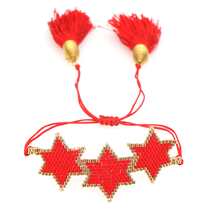 Friendship Star Loom Pattern Seed Beads Bracelets for Women, Adjustable Tassel Nylon Cord Braided Bead Bracelets