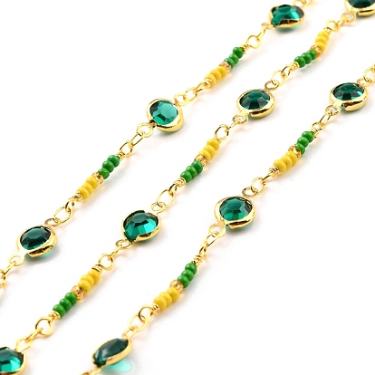 Handmade Brass Flat Round Link Chains, with Glass Beads, Soldered, with Spool, Long-Lasting Plated, Golden